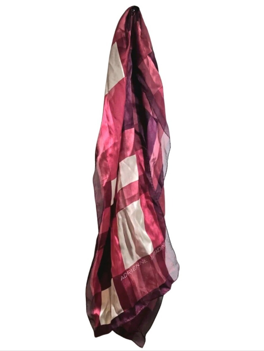 Adrienne Vittadini Silk Chiffon Scarf Berry Plaid Long Oblong Wrap 11x52